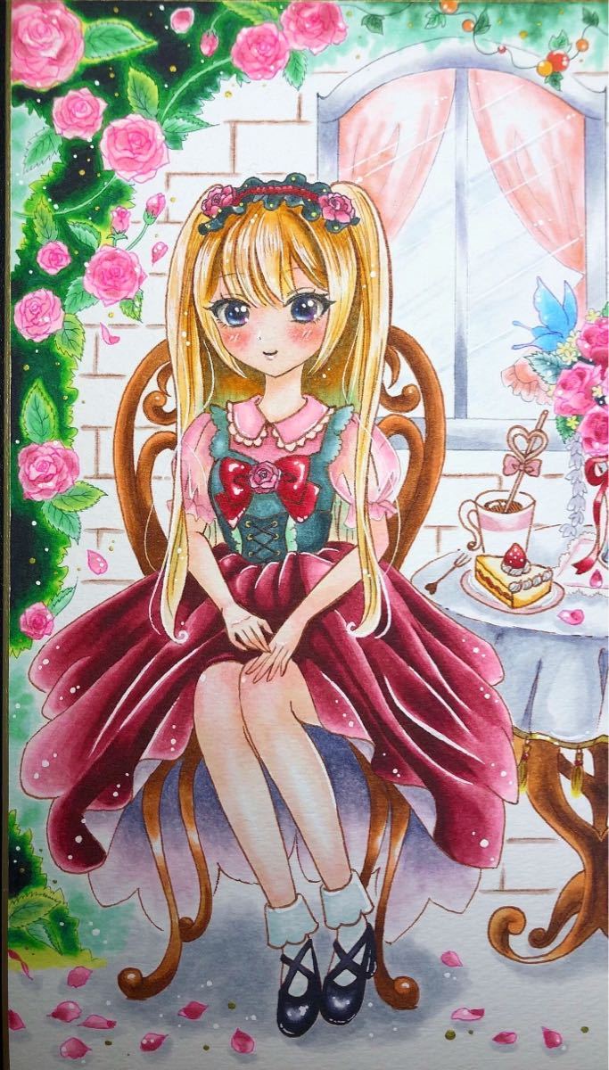 手描きイラスト 創作 大色紙 Rosecafe 待ってるね オリジナル 薔薇 乙女 ロリィタ 金髪 ツインテール うさぎ 手描きイラスト 売買されたオークション情報 Yahooの商品情報をアーカイブ公開 オークファン Aucfan Com