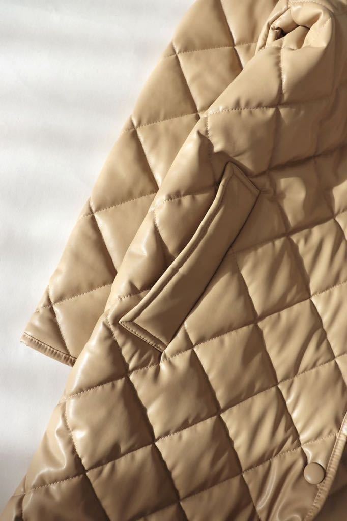 ZARA ザラ エコレザー キルティング ロング コート ノーカラー  