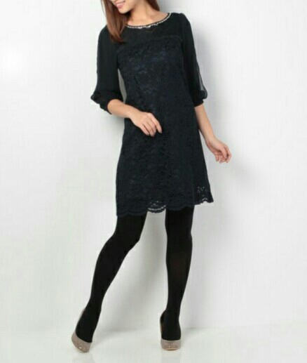 新作新品アプワイザー★袖シフォン＆レース切替ワンピ★ネイビー