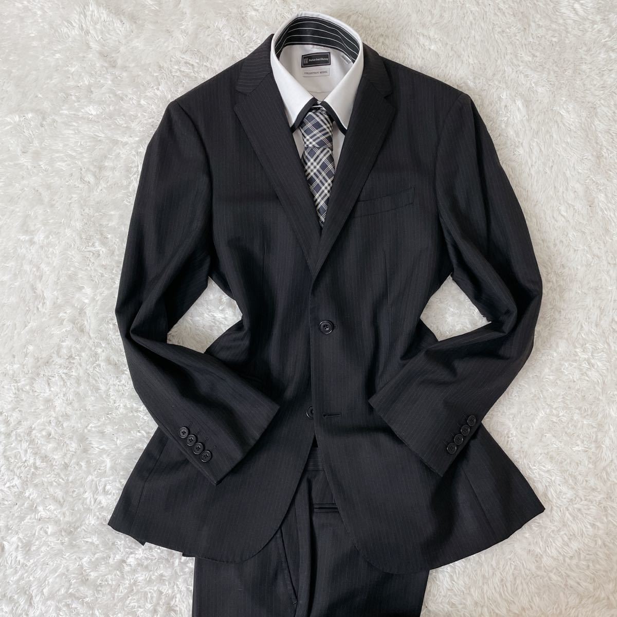 極美品 BURBERRY BLACK LABEL Super100's セットアップ スーツ バーバリーブラックレーベル ノバチェック ブラック 黒 ストライプ Mサイズ