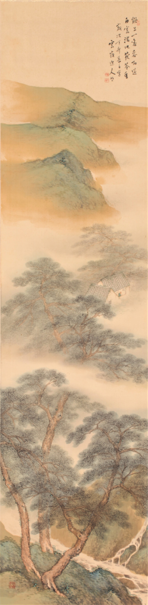 真作赤松雲嶺⁄山亭時鳥図⁄青緑山水人物図⁄掛軸☆宝船☆AB-584