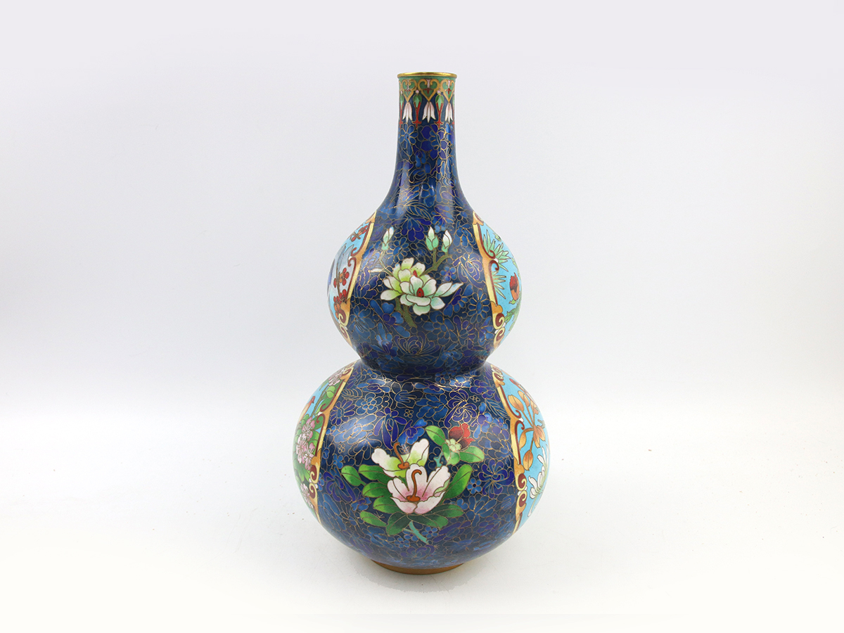 rg0054 唐物 七宝 景泰藍 銅製 瓢箪型 花瓶 花鳥紋 置物 色絵 花道
