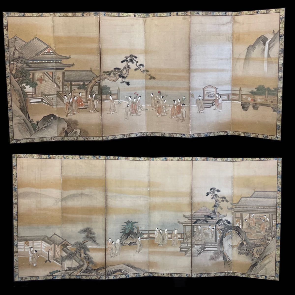 E10) 名家コレクション 屏風 中国人物図 唐人物図 六曲一双 古画 屏風