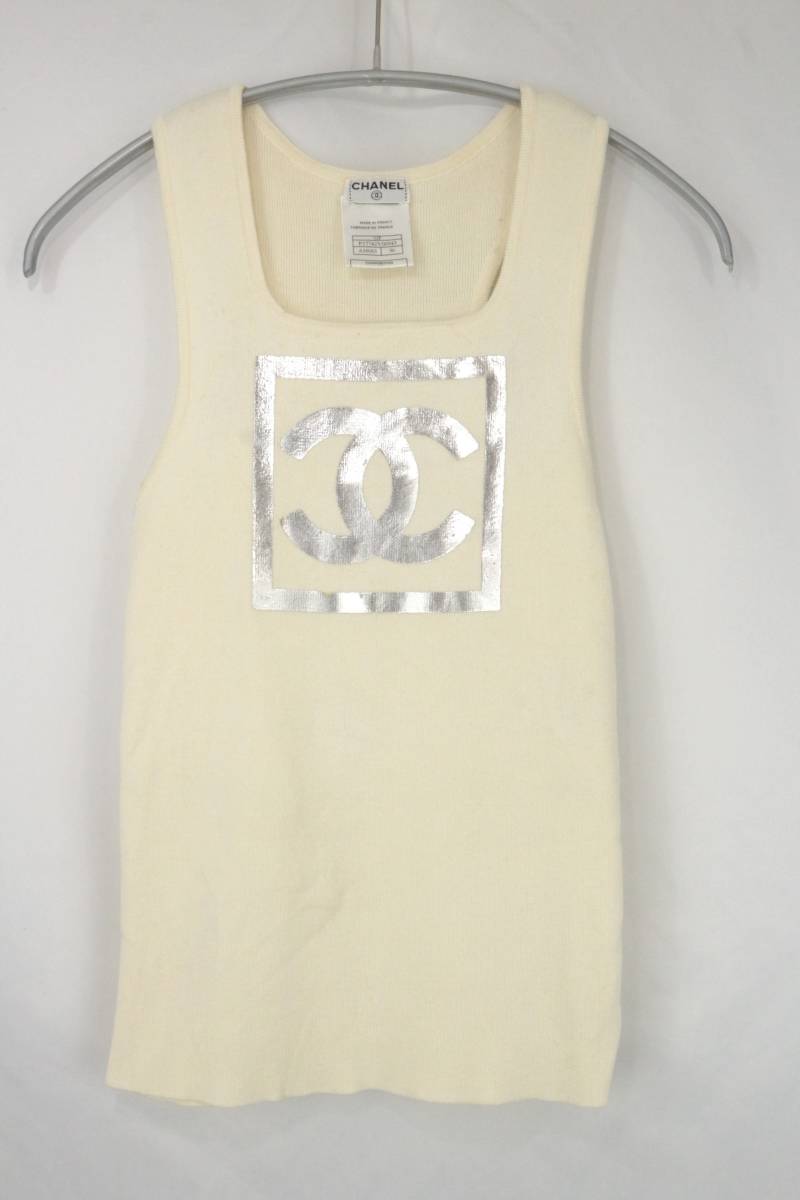 4B2017【本物保証】シャネル スポーツ タンクトップ ノースリーブ カットソー トップス ココマーク ロゴ コットンニット アイボリー CHANEL