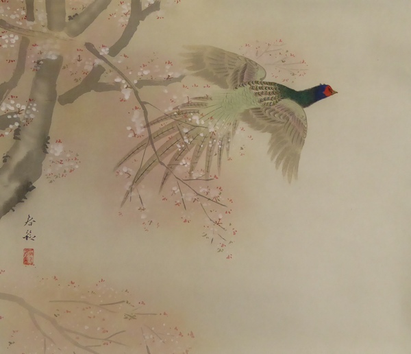 ★掛軸★春鈴　『桜花雉子』　共箱　美品　【花鳥図　詳細不詳】