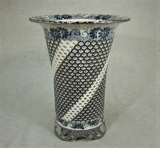 天山工房緑青海波透かし鉢