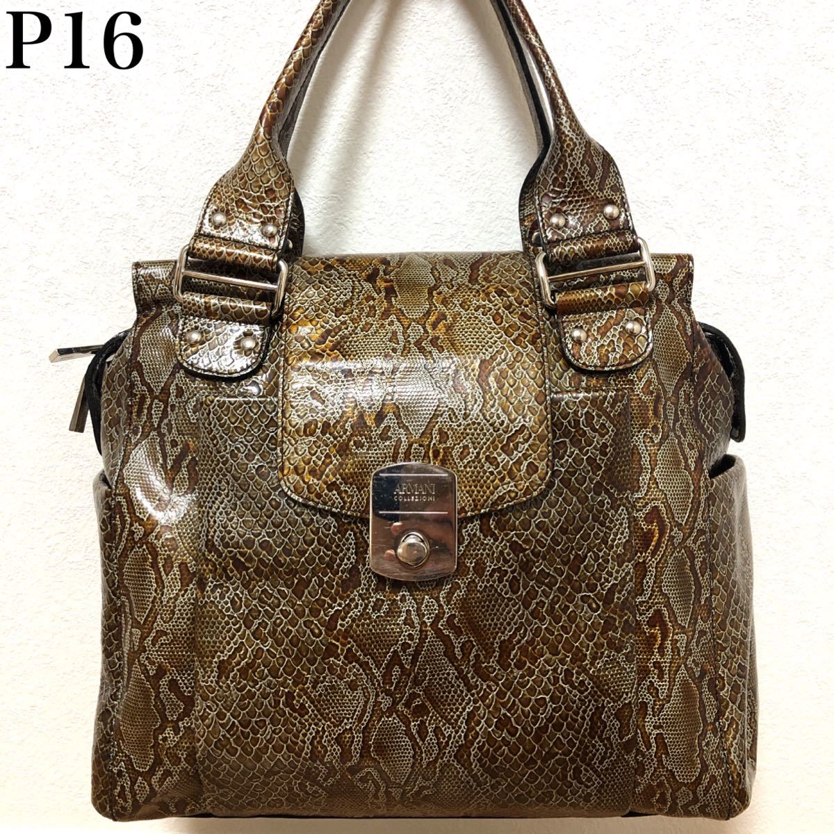 美良品「ARMANI COLLEZIONI」○A4入るトートバッグ○肩掛け○ヘビ柄 