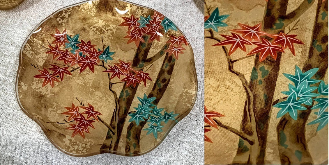 尾形光琳 光琳絵皿 金彩色絵 梅 紅葉 菊 菖蒲 桔梗紋 フリルガラス皿