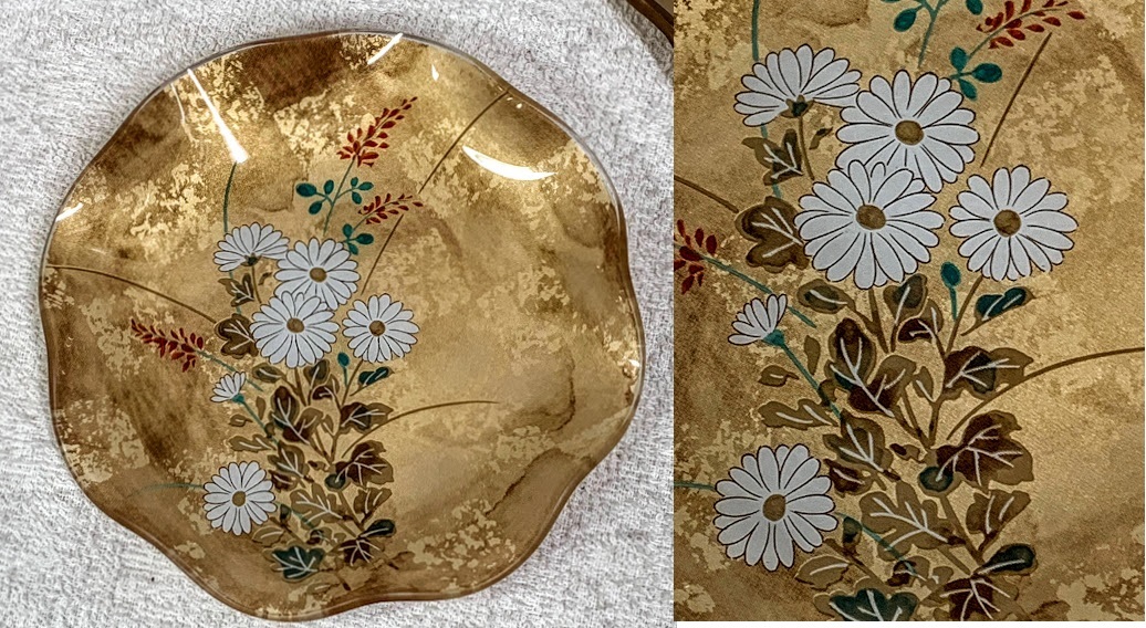 お正月に！ 稀少！尾形光琳　華やかな金彩　ガラス飾り皿　≪琳派≫【和モダン】新品 尾形光琳 光琳絵皿 金彩色絵 梅 紅葉 菊 菖蒲 桔梗紋 フリルガラス皿