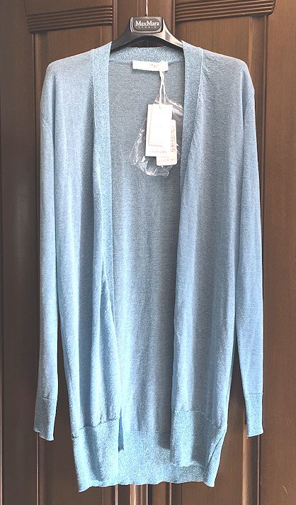 ANONYME DESIGHNERS アノニムデザイナーズ・イタリア製★ラメ混ロング・カーディガン・サッシュベルト付・ブルー・ゆったりサイズ★未使用