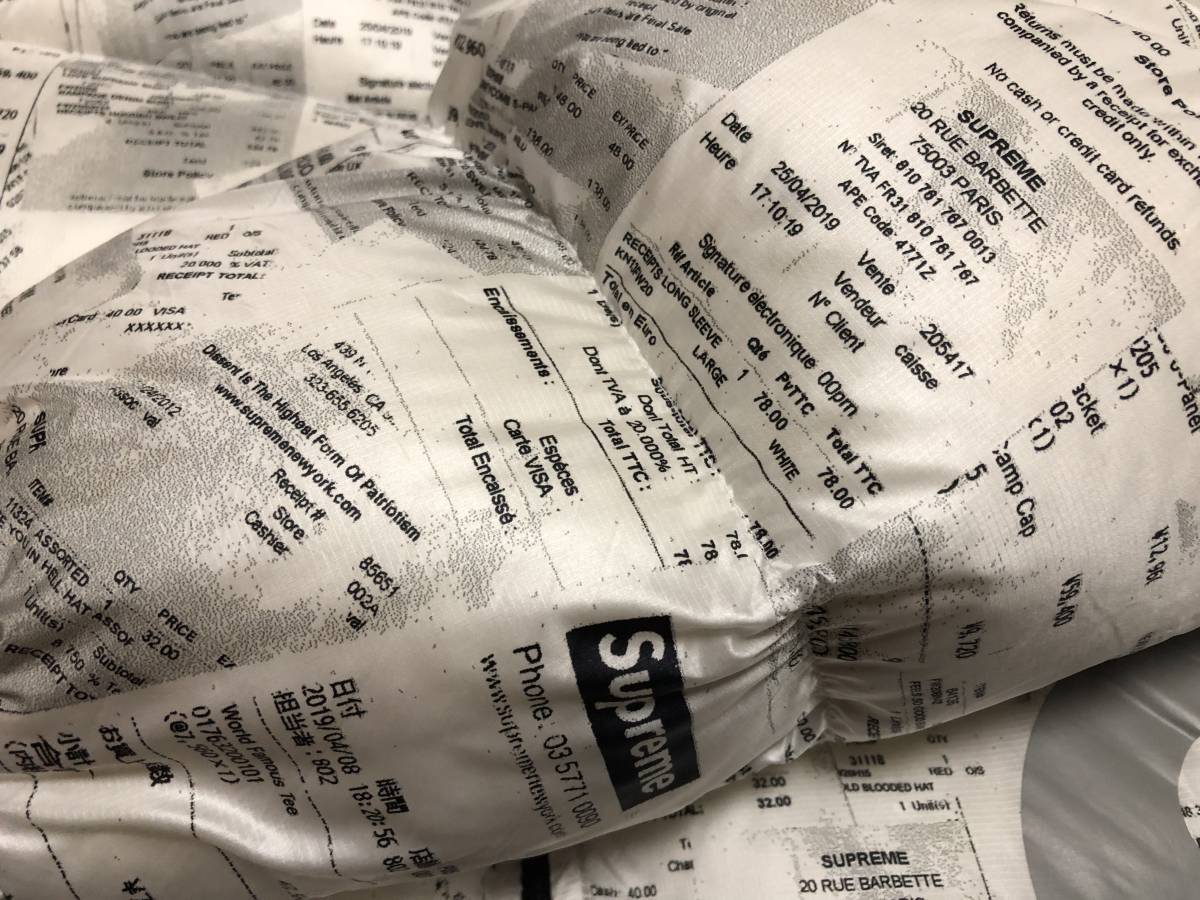 美品 20FW Supreme シュプリーム Hooded Down Jacket Receipts 