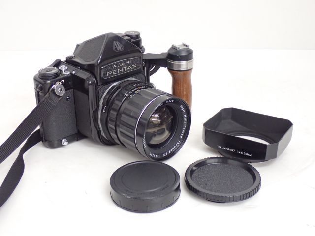 ASAHI PENTAX 中判フィルムカメラ 6×7 6X7 67 TTLファインダー レンズ SMC TAKUMAR F4.5 75mm 木製グリップ付 ペンタックス ◆ 653D1-4