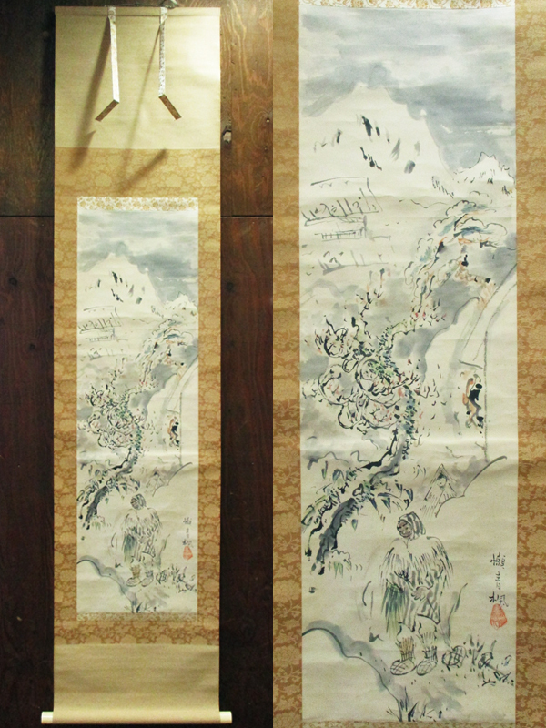 2734 【模写】 津田青楓 日本画 人物風景図 「雪中之図」 掛軸 木箱付