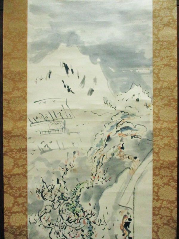 2734 【模写】 津田青楓 日本画 人物風景図 「雪中之図」 掛軸 木箱付