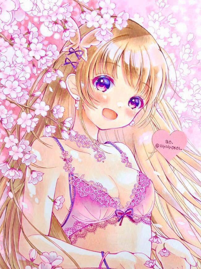 ♪手描きイラスト♪ 桜ブラの女の子　コピック　オリジナル　同人　ラフ画セット