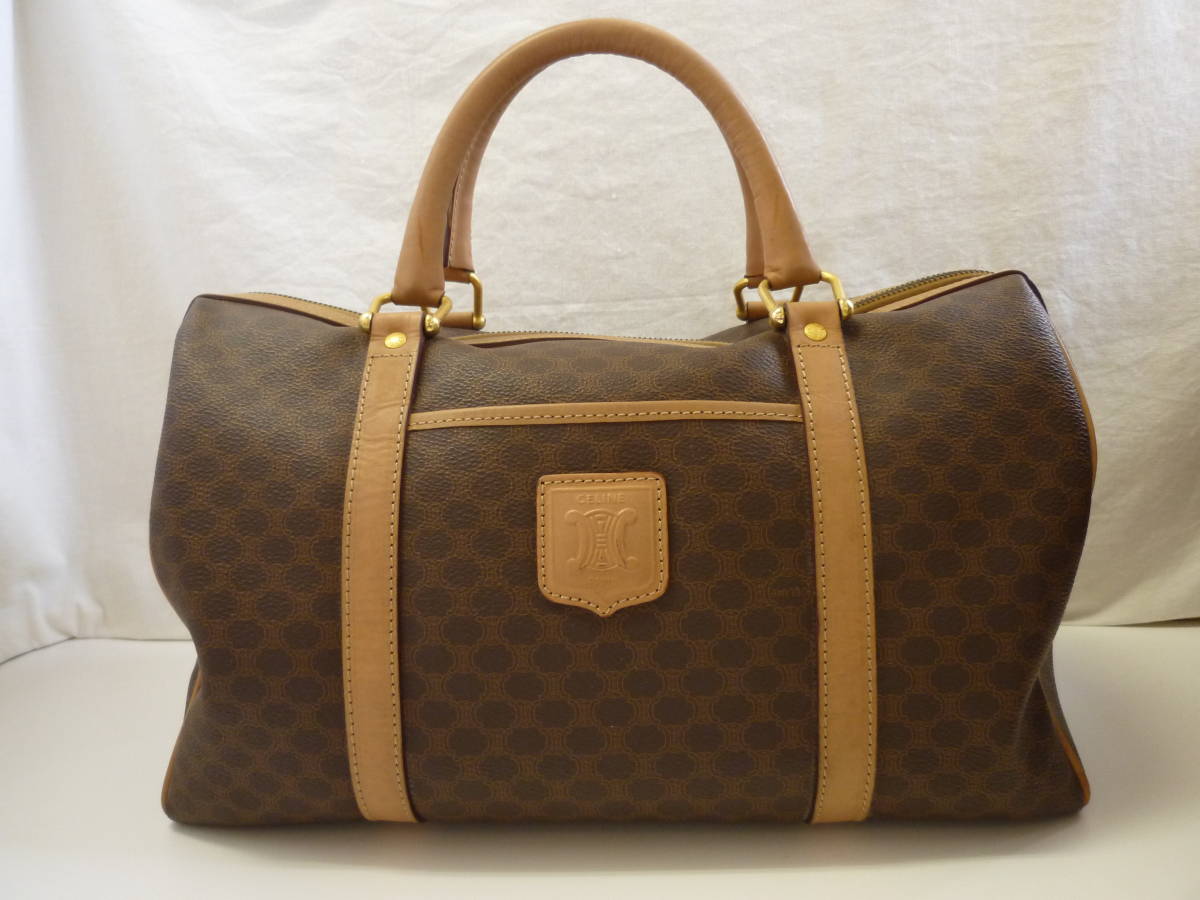 CELINE セリーヌ PVC×レザー マカダム柄 ボストンバッグ ハンドバッグ 茶系 ブラウン系 セリーヌ マカダム柄 CELINE トラベルバッグ CELINEボストンバッグ 手提げ