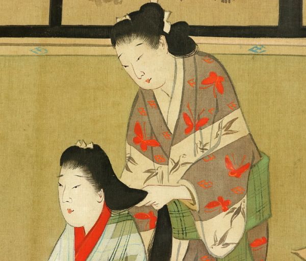 1366□宮川長春 名品 細密 肉筆浮世絵人物図 古筆了悦極め書き 絹本