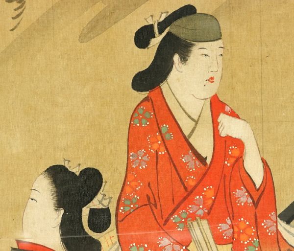 1366□宮川長春 名品 細密 肉筆浮世絵人物図 古筆了悦極め書き 絹本