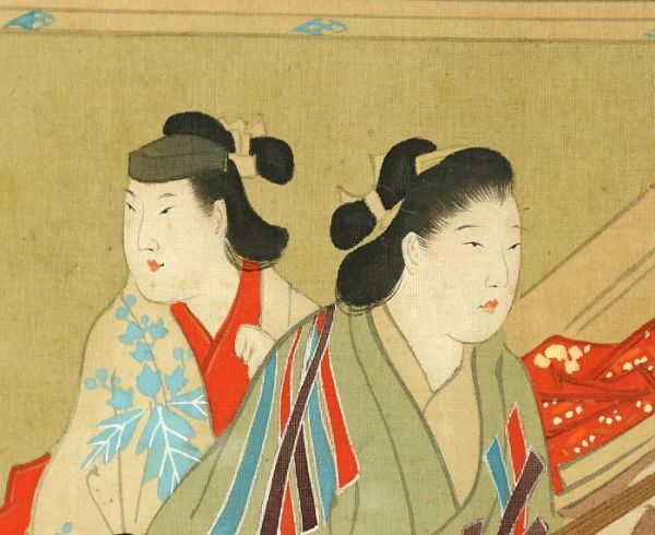 1366□宮川長春 名品 細密 肉筆浮世絵人物図 古筆了悦極め書き 絹本