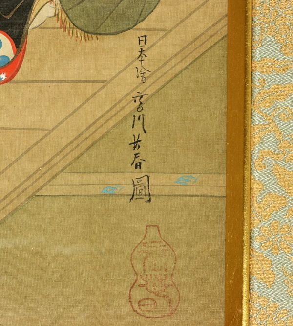 1366□宮川長春 名品 細密 肉筆浮世絵人物図 古筆了悦極め書き 絹本