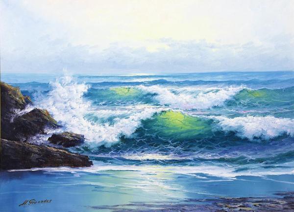 【真作】【WISH】マリオ・グラナドス「早朝の海」油彩 25号 大作 ◆海美景 　　〇1947-スペイン海景画家 アメリカほかコレクター #22043075_3