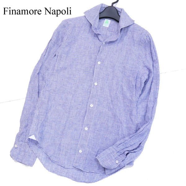 イタリア製★ Finamore Napoli フィナモレ 長袖 ギンガムチェック ホリゾンタルカラー リネン シャツ Sz.14 1/2/37 メンズ G2T01188_4#A フィナモレ Napoli Finamore フランネル ナポリ 3万イタリア製フィナモレFINAMOREナポリ赤紺チェック柄シャツS⑦