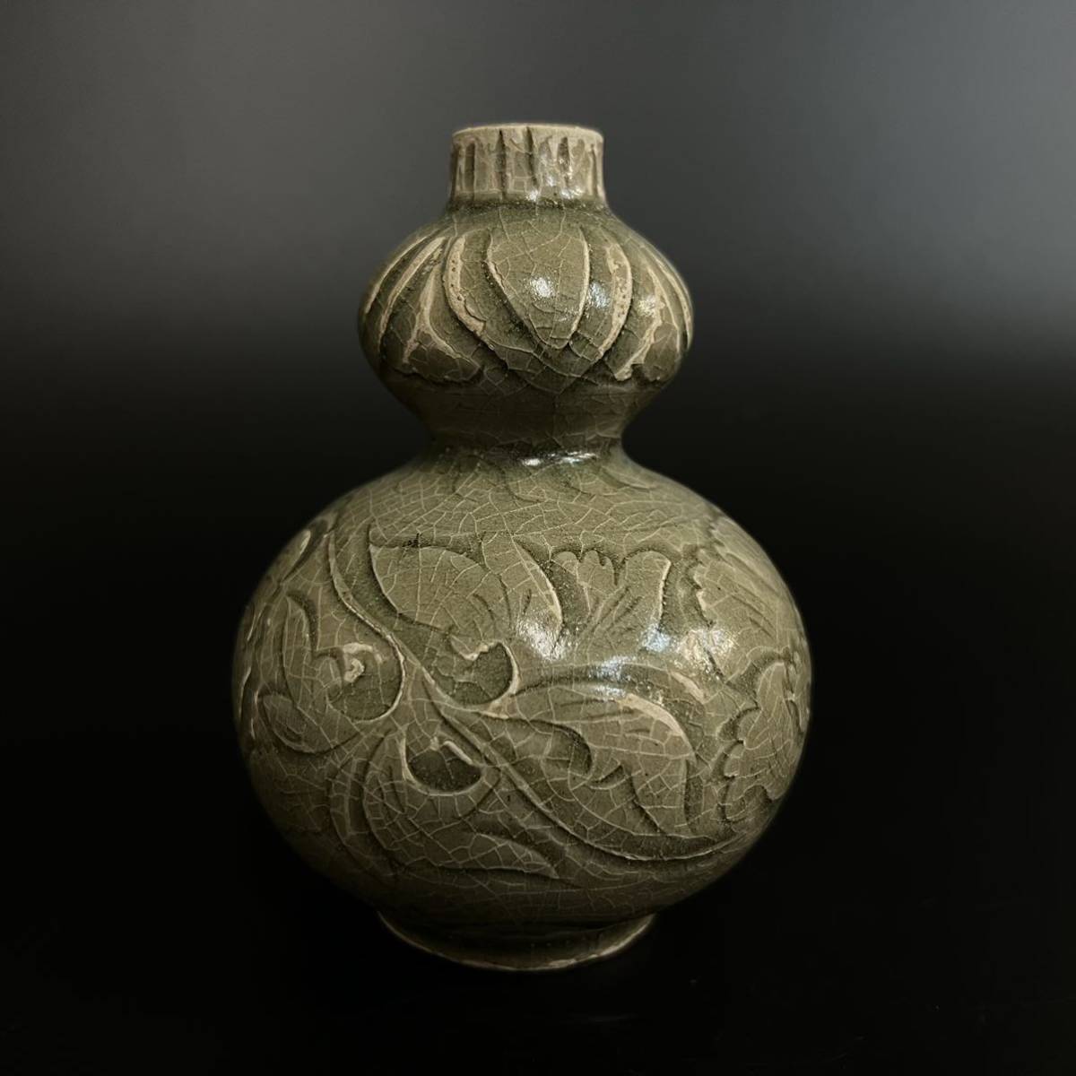 耀州窯 花瓶 青磁 宋時代 中国古玩 花鳥紋 唐物 時代物 梅瓶 耀州