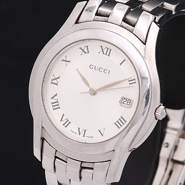 1円★保証書付◎稼働【GUCCI/グッチ】5500M デイト ローマン シルバーカラー スイス製 QZ メンズ腕時計 900A0231337