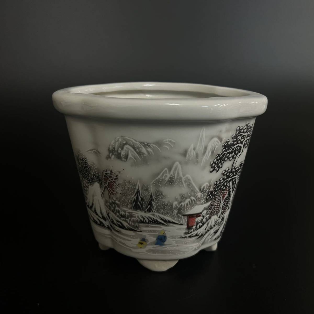 青と白の六角形の磁器植木鉢 シノワズリ 景徳鎮 盆栽鉢 植木鉢 雪景図