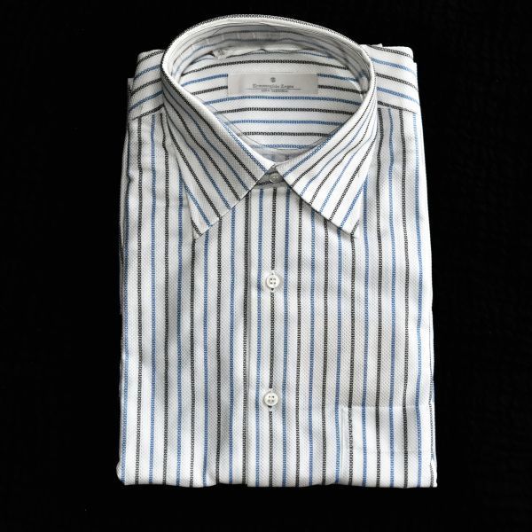 ★新品★Ermenegildo Zegna#ALTA SARTORIA#ゼニア#スペイン製#白にグレーネイビー太ストライプ人を惹きつける気品が漂う長袖シャツ 41/16ML
