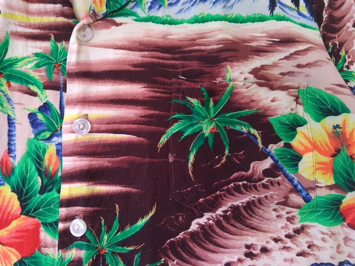 50s vintage PALI HAWAIIAN ハンドプリント メニュー柄 レーヨン 