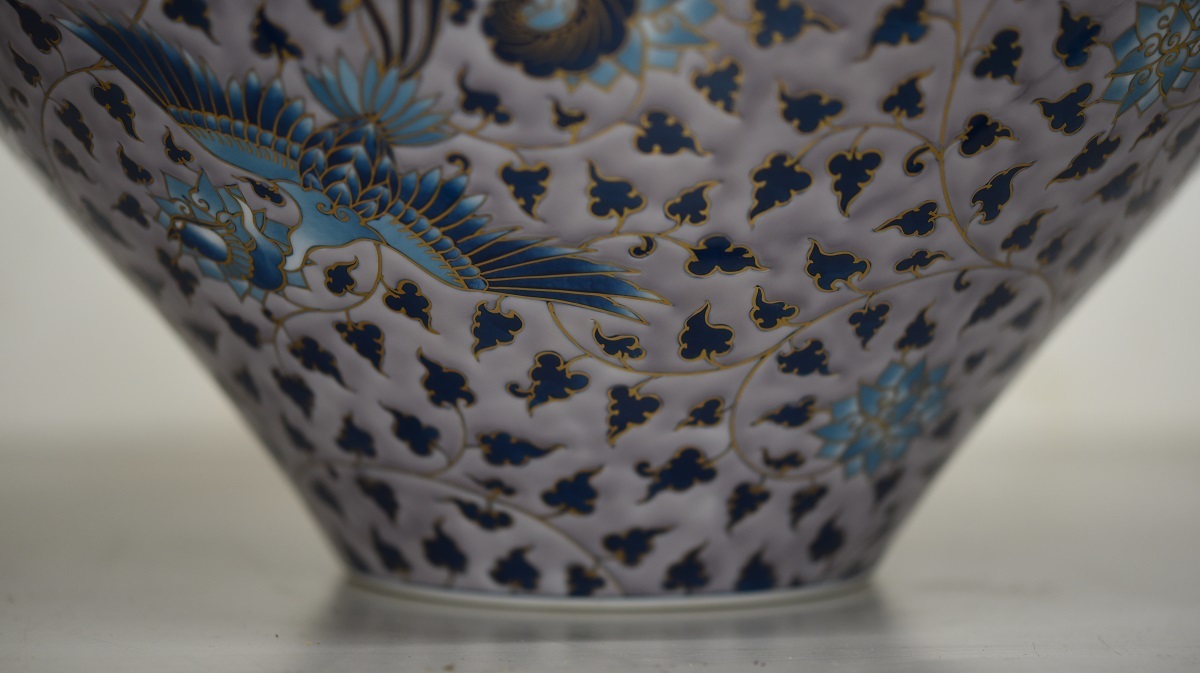 伝統工芸作家 藤井勝雲作染錦牡丹鳳凰文壺