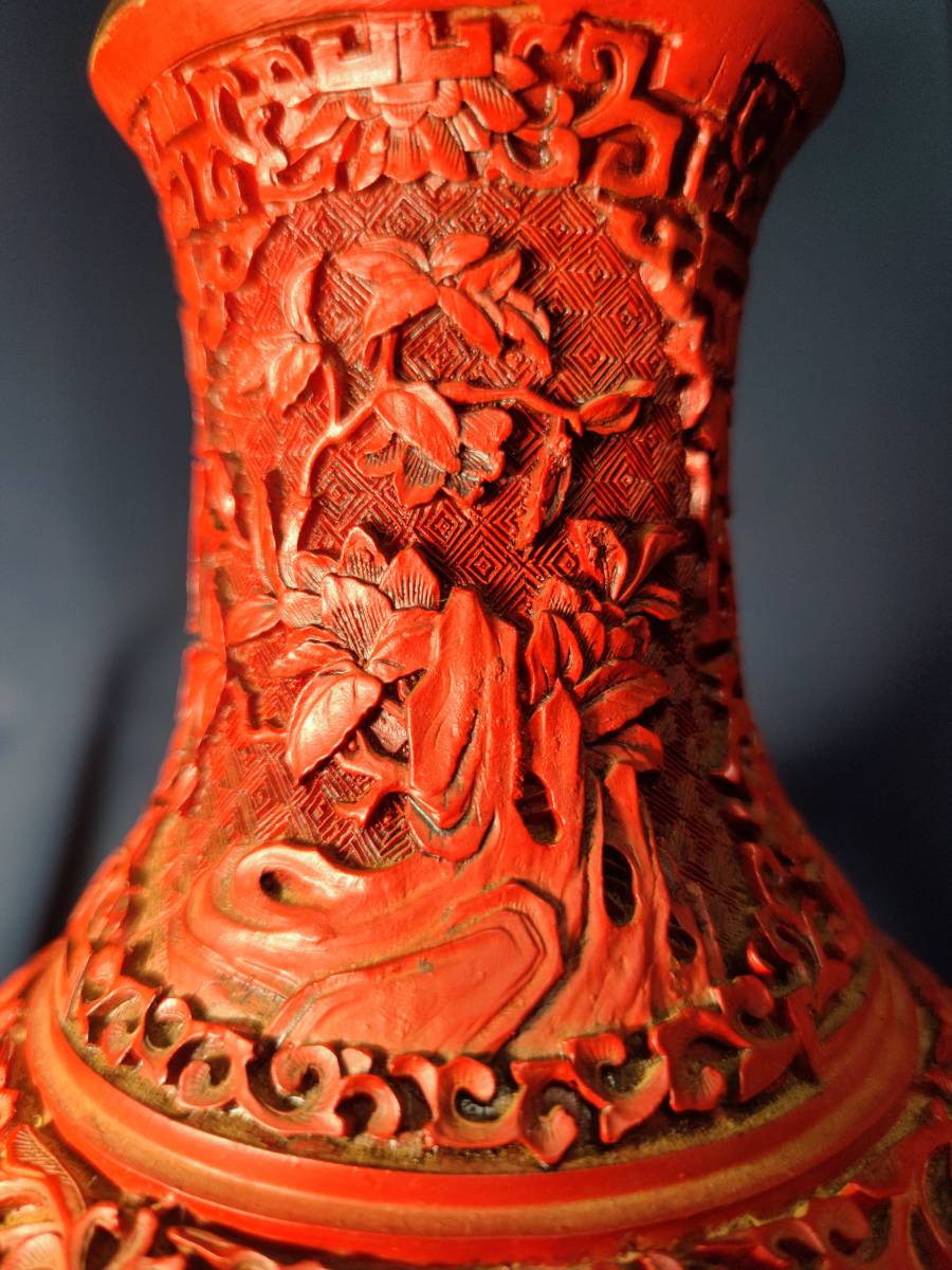 唐物 中国清時代堆朱 剔紅牡丹紋細密雕刻大花瓶 中国骨董品(漆芸