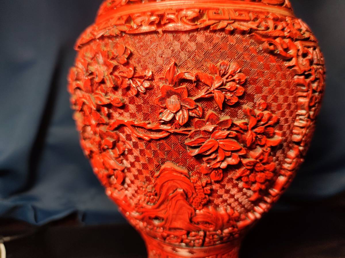 唐物 中国清時代堆朱 剔紅牡丹紋細密雕刻大花瓶 中国骨董品(漆芸