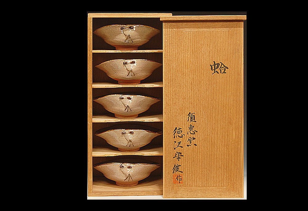 千f838】唐津 徳沢守俊 向付 5客 共箱 師：中里重利 須恵窯 絵唐津