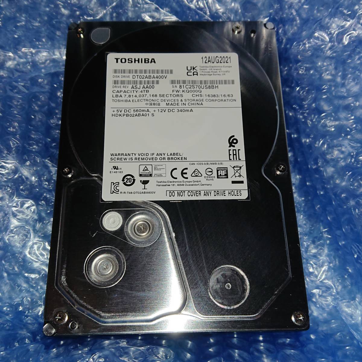TOSHIBA 静音AVコマンド対応SATA4TBHDD DT02ABA400V 東芝 動作良好