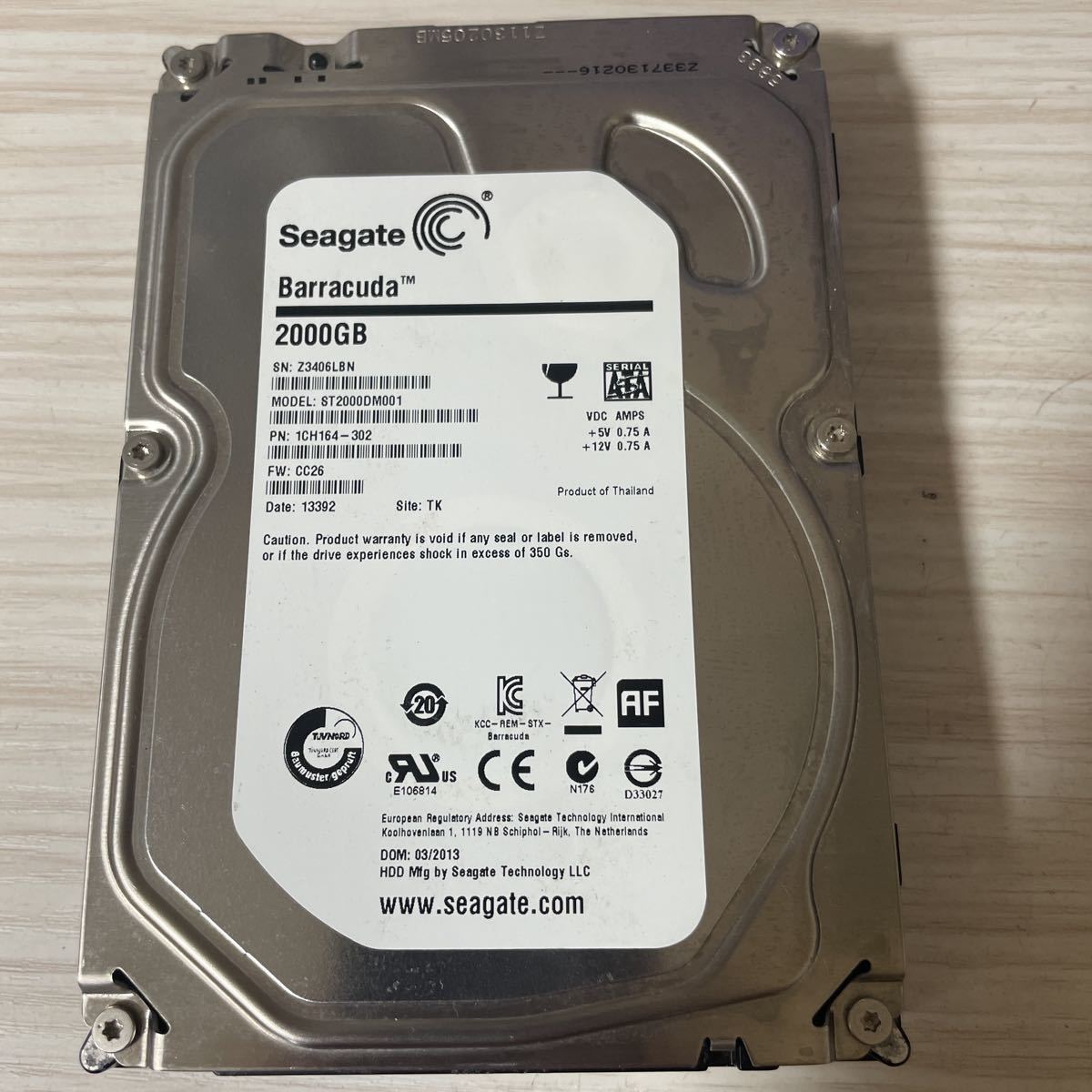 X748:(動作保証/使用9075時間)Seagate ST2000DM001-1CH164 2TB SATA