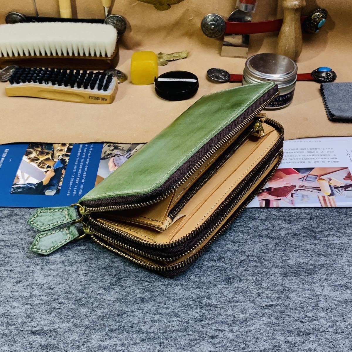 緑 ブライドルレザー メンズ 長財布 ダブルファスナー ダブルジップ