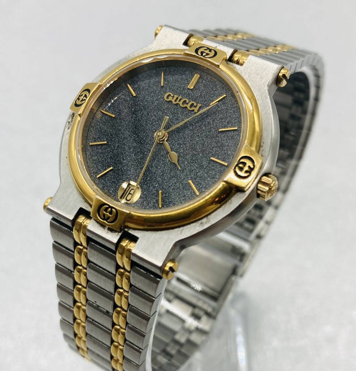 3e129 必見！ GUCCI グッチ 9000M デイト コンビカラー クオーツ