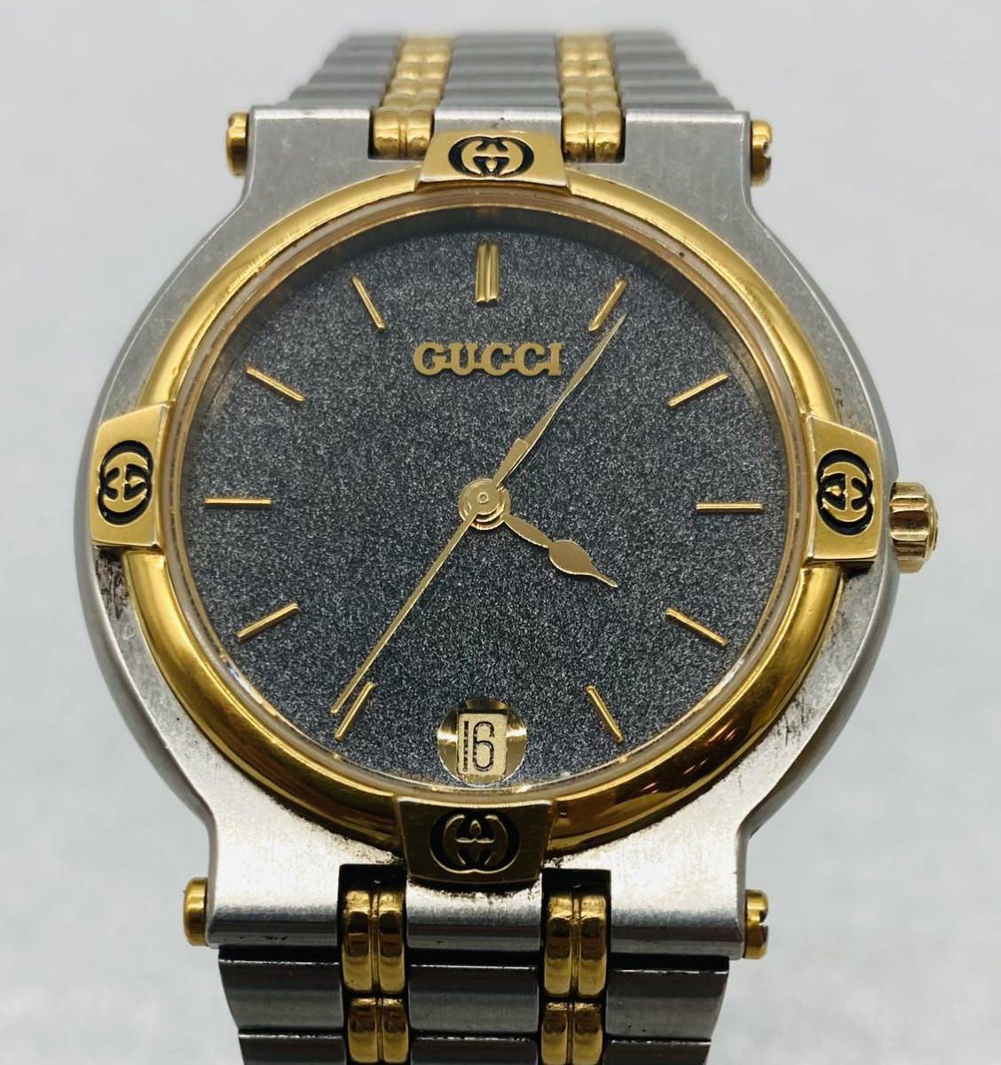 3e129 必見！ GUCCI グッチ 9000M デイト コンビカラー クオーツ
