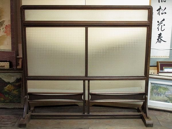 1074T 【引取限定 茨城県】 レトロ すりガラス ブロック柄 衝立 間仕切