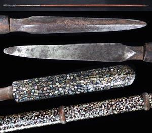 時代 無銘 三角槍 合法サイズ2.3cm 螺鈿細工槍拵 203㎝ 外装 石突 時代