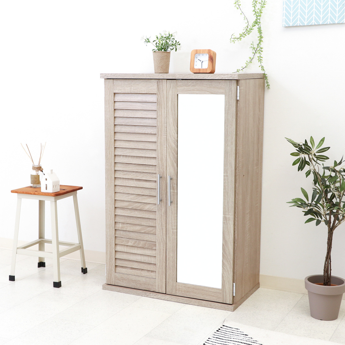 シューズラック ルーバー扉 ミラー扉 幅60cm ホワイトオーク【新品】【送料無料】(北海道 沖縄 離島は別途送料)