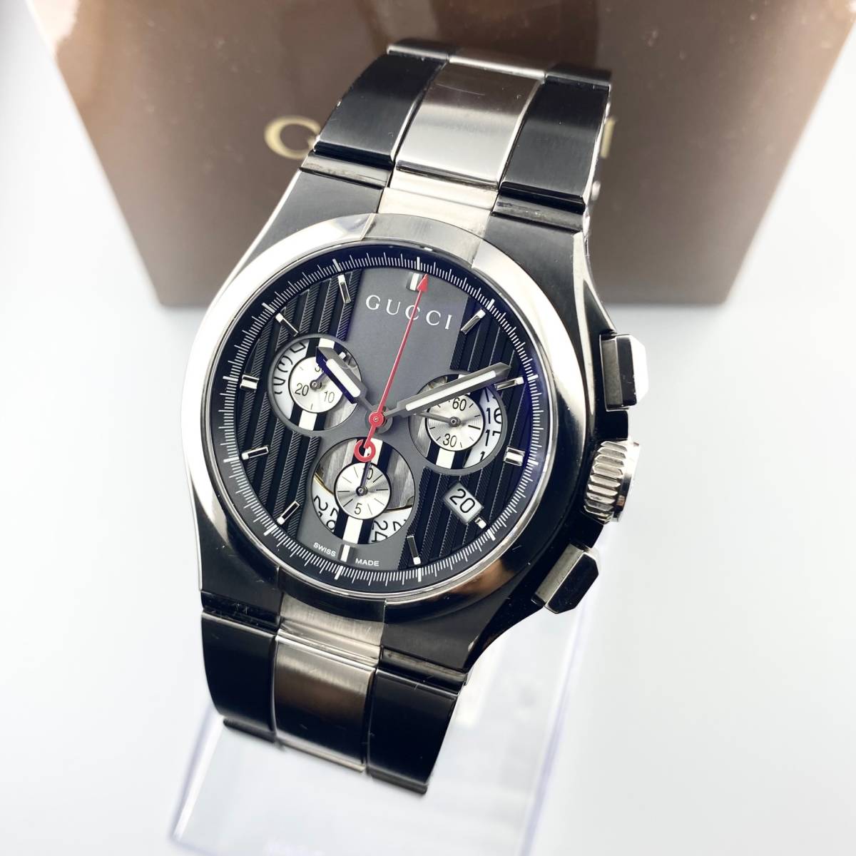 1円箱付】GUCCI グッチ 腕時計 メンズ 124.3 クロノグラフ ブラック 