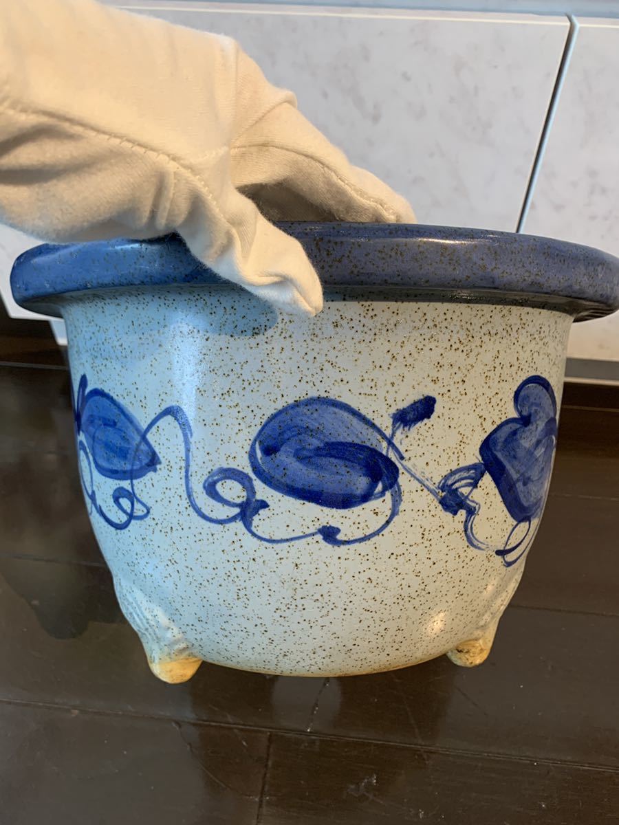 染付 植木鉢 釉 古 盆栽鉢 青花 観葉植物花ガーデンニング鉢10号中古