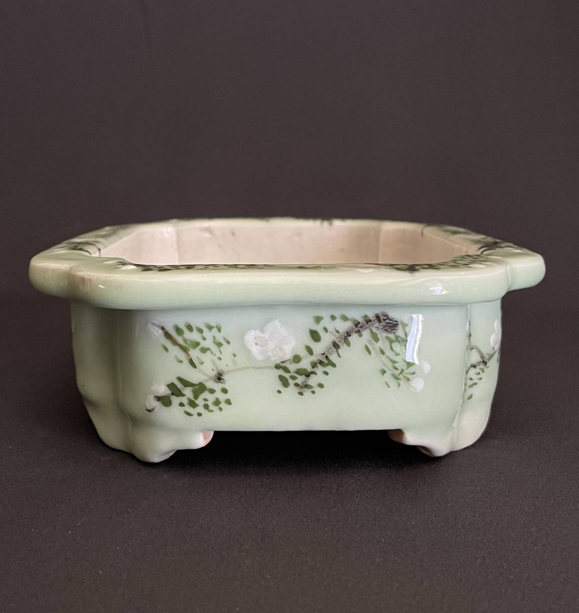 古瀬戸 瀬戸焼 水盤 青磁 梅花草浮彫 蘭鉢 植木鉢 花台 長方形 時代物