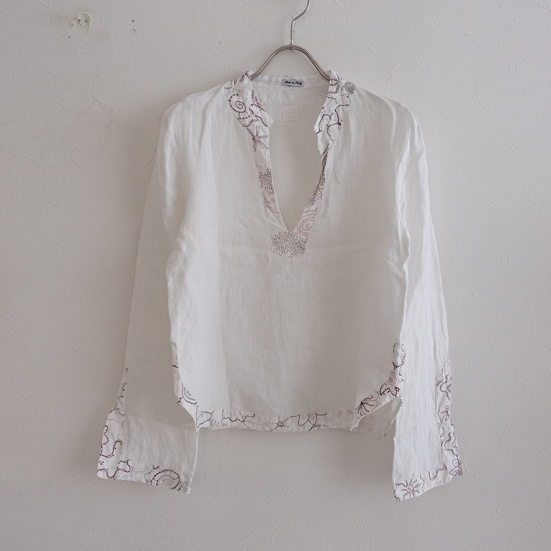 □120%リノ 120% lino *ラメ刺繍入りキーネックリネンブラウス*40プル 