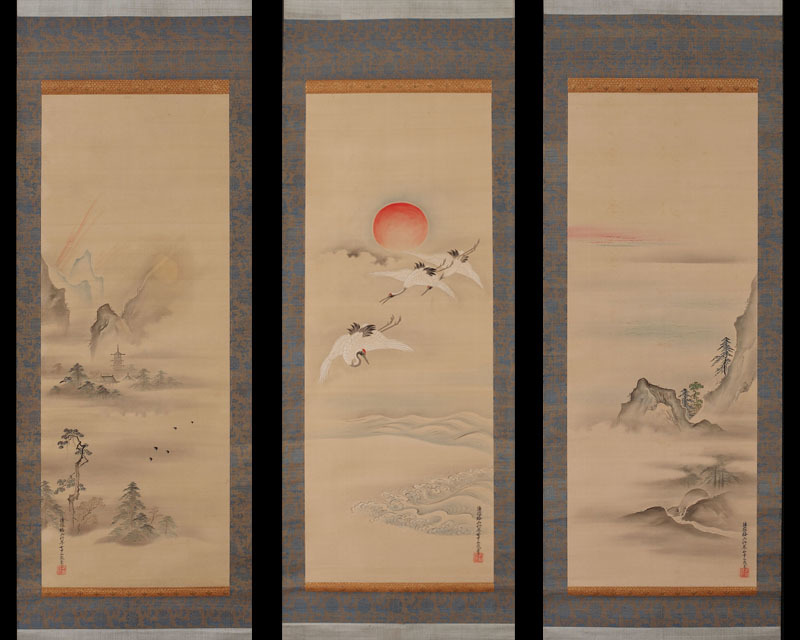 【模写】松野梅山 山水三幅対 共箱 (町狩野 尾張藩 画僧 日本画 山水 茶道具) 
