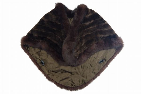 美品 毛皮 ファー ケープ ダークブラウン 横幅約112cm 着丈約81cm 0721