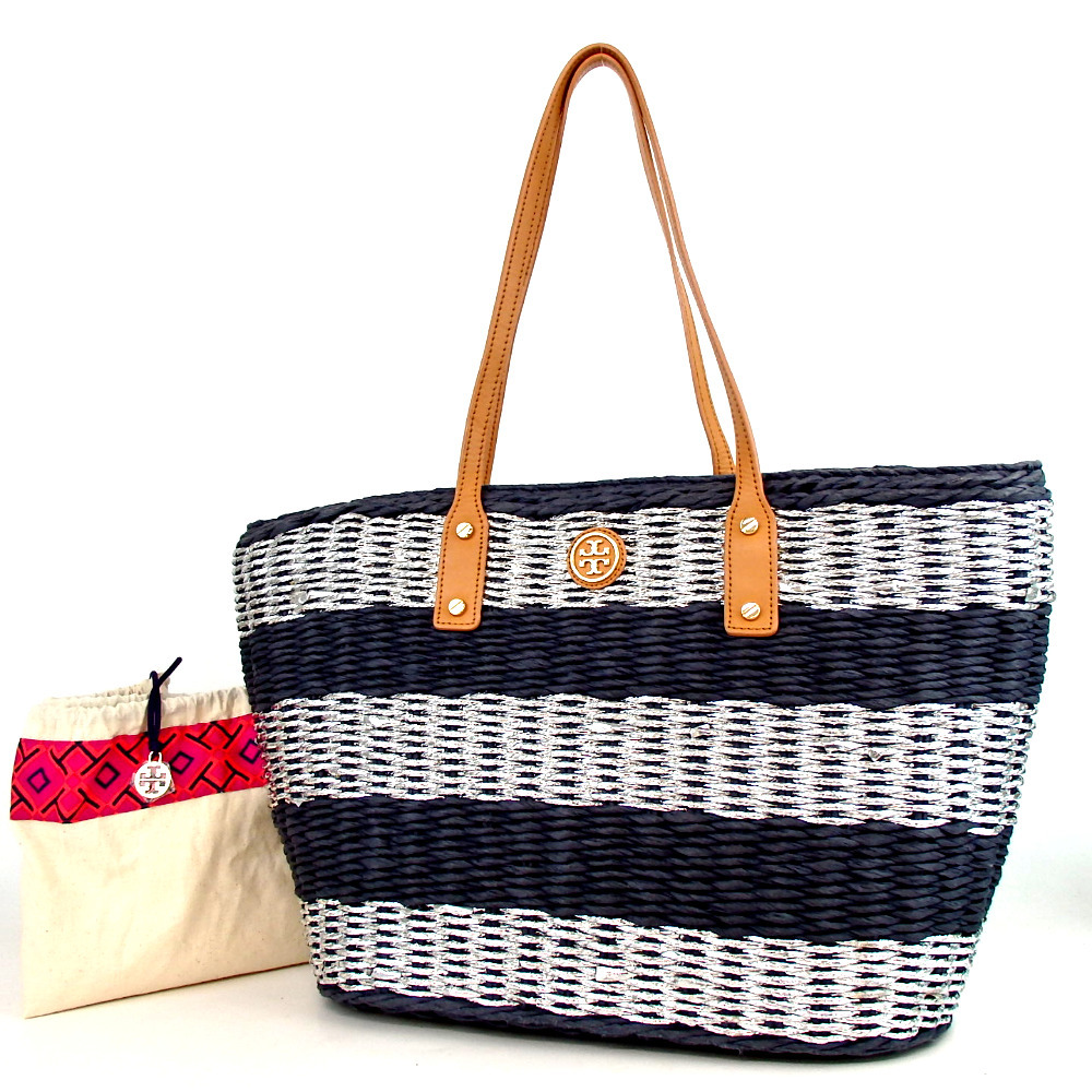 TORY BURCH トリーバーチ かごバッグ ボーダー トートバッグ ストロー×レザー【中古】29◆3-313 TORY トリーバーチ BURCH レディース ✨ ボーダーレザー